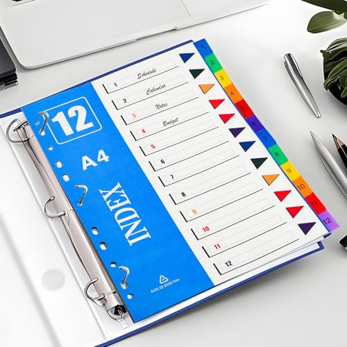 A4 File Dividers 4Pcs, Ancable Plastic A4 File Dividers for Lever Arch Folder Dividers for Ring Binders with11-Holes & Content List, Ideal for Office School