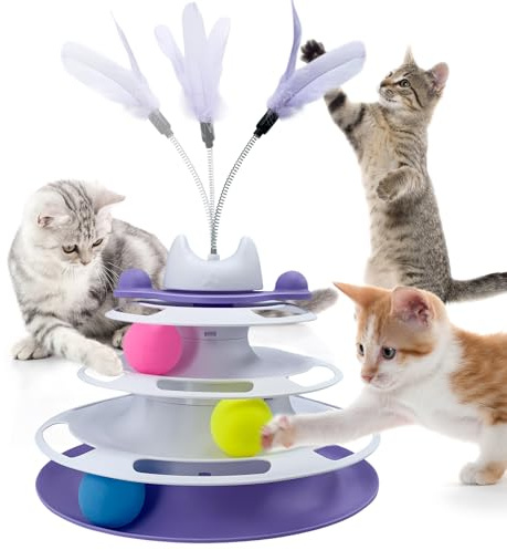 HYSHLC Interaktives Katzenspielzeug Selbstbeschäftigung, Katzen Spielzeug Kitten, Katze Intelligenzspielzeug, 4 Lagen 3 Bälle Katzen Spielzeug, Katzenspielzeug mit Federn