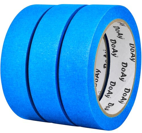 DOAY Lot de 3 rubans de masquage bleus - 24 mm de large - Se retire sans laisser de traces - Forte adhérence pour l'intérieur et l'extérieur - Idéal pour les travaux de peinture, l'étiquetage et l'art