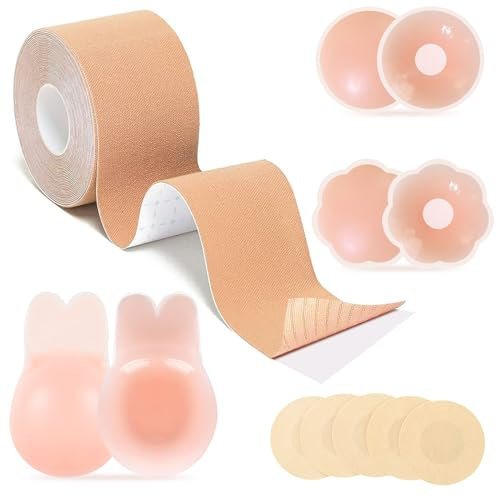 Spetsbst Boob Tape Brust Tape Push Up Klebe BH, Boobietape mit Silikon Nippelpads, Boobytape Brusttape Klebe BH Unsichtbares Nippli Tape, Tape Brust Beige für Körbchengrößen A-G