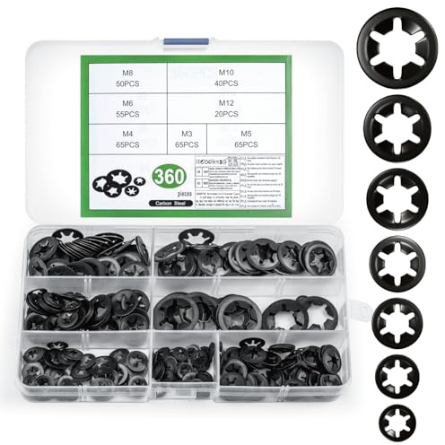 360 Stück Sicherungsringe Set, Sicherungsscheiben Innenzahn Sprengring Set, Klemmscheiben, Klemmring Sicherungsring Kit, Beilagscheiben, M3 M4 M5 M6 M8 M10 M12 Unterlegscheiben Sortiment, Schwarz
