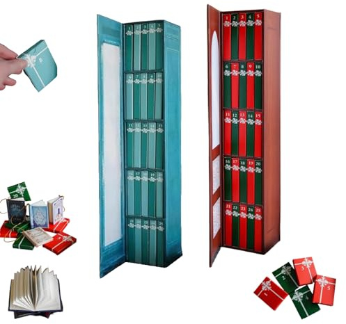 Mini Book Ornament Advent Calendar 2025, 24 Books Gift - Literature Lovers Christmas Countdown Calendar, Miniature Library Bookshelf Decor, Book Advent Calendar for Home/Office (Blue+Red)
