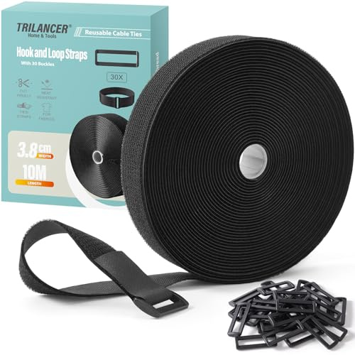 Trilancer 3.8 cm x 10 m Extra Kraftigt Fästband med 30 Spännen – Justerbara, Klippbara i Valfri Längd, Återanvändbara Snabbspännen för Att Fästa Kablar, Slangar, Rör och Mer