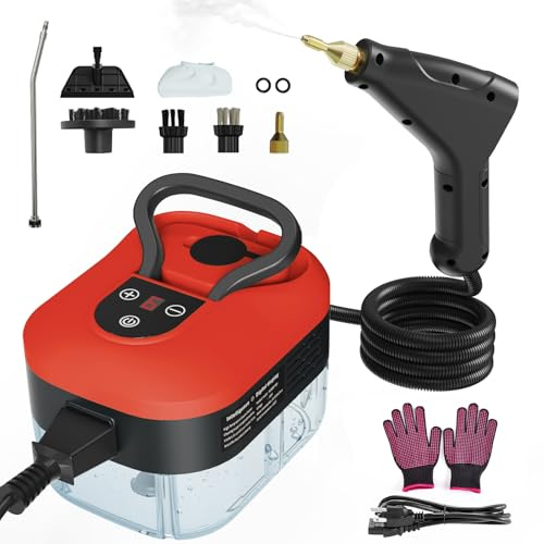 Steam Cleaner, Handheld Steam Cleaner for Home Car Furniture Bathroom, 2500W High Pressure Steam Cleaner, 1.2L Water Capacity, 6 Adjustable Speeds, 4 Brush Heads, Steamer for Cleaning (Red)