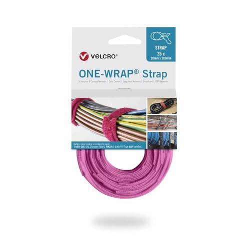 Velcro® Brand ONE-WRAP® Cable Ties 20mm x 200mm – Pink | Reusable Hook & Loop Fastener Straps for Cable Management (25 Pack)