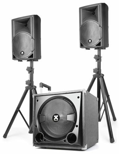 Vonyx VX800BT - DJ Boxen Set mit einem aktiven 12 Zoll Subwoofer und Zwei passiven Top Lautsprechern, 800 Watt, Bluetooth, USB, SD, Mobile PA Anlage Komplettset mit Stativen - Schwarz