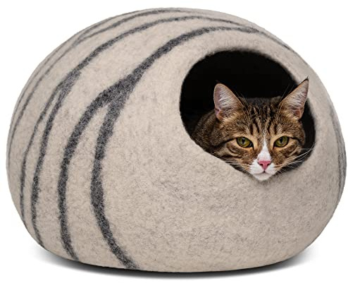 MEOWFIA Kattgrotta – premiumfilt kattbädd för inomhuskatter, handgjord 100% merinoull (ljusgrå, Large)