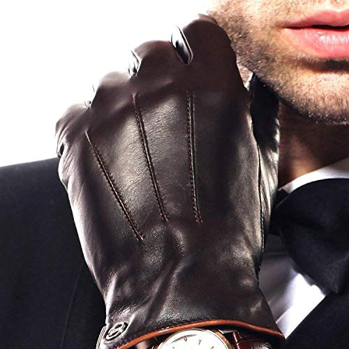 ELMA Winter Leather Gloves for Men - Mens Luxury Sheepskin Warm Thick Cashmere/Fleece Lined Cold Weather Glove Best for Driving Riding Running Cycling Color (Brown,9.5)