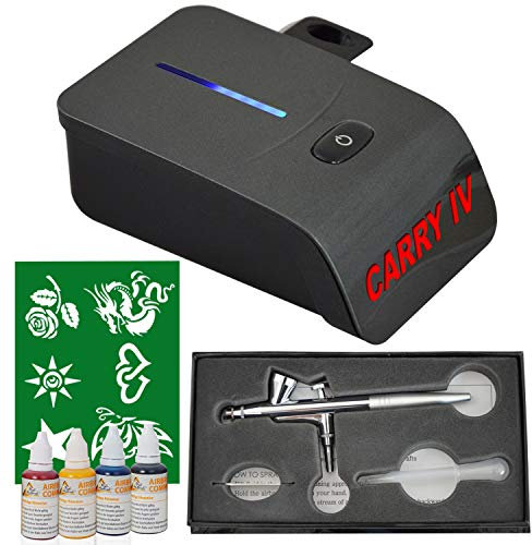 AIRBRUSH KOMPRESSOR SET Komplett Set für AIRBRUSH TATTOO SET mit Mini Airbrush Kompressor, Airbrushpistole, Airbrush Farben und Airbrush Schablonen - CARRY IV-TC mit SENSOR-TOUCH-CONTROL