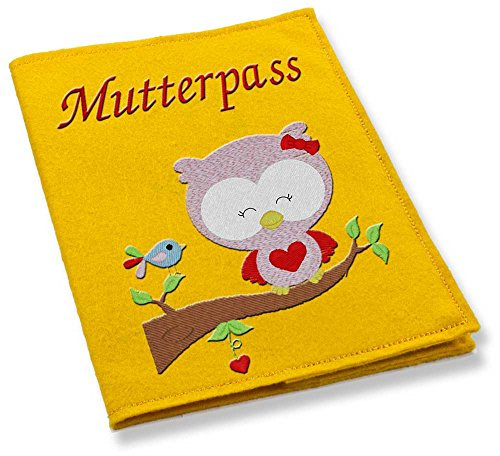 Mutterpass Mutterpasshülle Filz Eule Vogel bestickt Farbwahl schwarz weiß grau rot blau lila pink grün gelb türkis rosa Handarbeit (gelb)