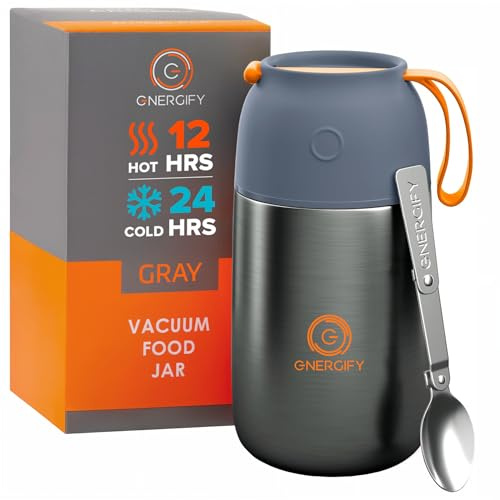 ENERGIFY Vacuum Insulated Food Jar. Large 24oz Bowl incl. Folding Spoon, Cup. Wide Mouth Keep Hot & Cold Drinks Soup Lunch Container for Adults. BPA-Free Stainless Steel, Leak Proof Grey