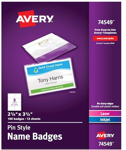 Avery Badges nominatifs personnalisables, style épingle, 5,7 x 8,9 cm, porte-étiquettes transparentes, inserts imprimables au laser ou à jet d'encre, blanc, 100 au total (74549)
