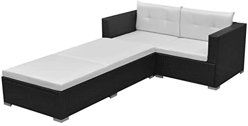vidaXL 3-TLG. Garten-Lounge-Set mit Auflagen Poly Rattan Schwarz