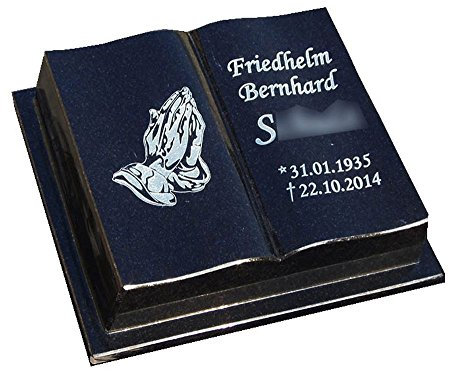 designgrab Liegestein offenes Buch mit angedeutetem Einband aus Granit Schwedisch Black SS1 schwarz, inkl. Beschriftung von Vor- und Nachname sowie Geburts- und Sterbedatum