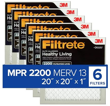 Filtrete 20x20x1 Air Filter MPR 2200 MERV 13, Healthy Living Elite Allergen, 6-Pack (Exact Dimensions 19.69x19.69x0.78)