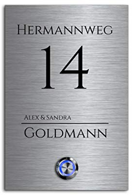 Edelstahl Türklingeln mit individueller Gravur - Klingel Größe: 12x18 cm und einem Premium LED Klingelknopf Taster | Klingelschilder optional mit schönen Acrylplatten | Gravierte Klingelplatte