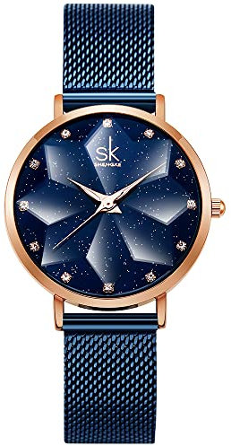 SHENGKE Kreative Damen Uhr Analog Quarz Armbanduhr mit Schwarz Edelstahl Armband Wasserdicht Damenuhren mit Blau Sternenhimmel-Zifferblatt für Frauen Blumen (Starry-Mesh Band-Blue)