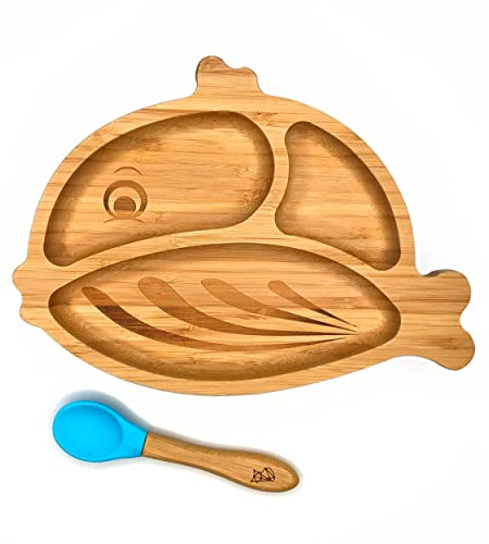 KLEINER FUCHS Eleganti Piatto Bamboo Bambini con Ventosa | Pratici e Antiscivolo | Incluso Cucchiaio | Svezzamento con Stile | Set Piatti Bambini Bamboo | Piatti Bambù Lavabili (Pesce)