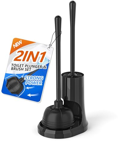 uptronic WC-Saugglocke und Bürste, Schüsselbürste und Robustes WC-Kolben-Set mit Halter, 2-in-1-Badezimmer-Reinigungs-Kombination mit modernem Caddy Ständer (Schwarz, 1 Set)