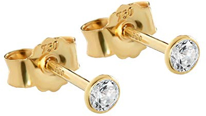 NKlaus Ohrstecker für Damen Gelbgold, Weiß, Durchmesser: 3mm, 2 Stück | 750 Gold; 750er Gelbgold; Zirkonia weiß