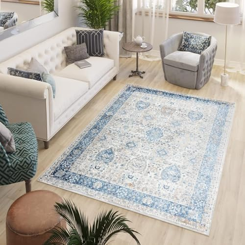 TAPISO Valley Teppich Kurzflor Weiß Grau Blau Ornament 200 x 300 cm | Used Effekt Meliert Verwischt Vintage Wohnzimmer Schlafzimmer OEKO-TEX