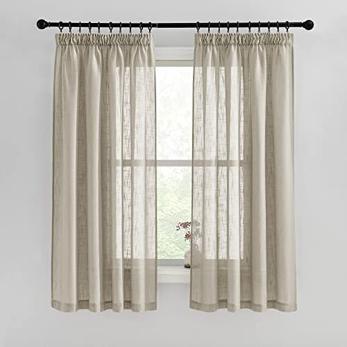 PONY DANCE Kurzgardinen mit Kräuselband Vorhang Leinen Halbtransparent | 2er Set, H160 x B140 cm, Taupe, Leinenoptik, Lichtdurchlässig, Sichtschutz, Boho, für Schiene, für Schlafzimmer Wohnzimmer