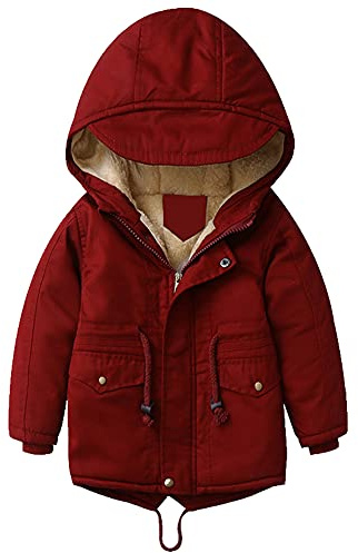 L SERVER Barnkappa för flickor vinterjacka pojke parkas fleecefoder tjock varm huvjacka, Rött vin (tjockare), 3 �r
