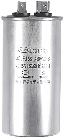 sourcing map Condensador de Funcionamiento Redondo CBB65 35uF 35mfd 450V AC, 40/85/21 Caja de Aluminio con Terminal para Motor de Compresor de Aire Acondicionado Bomba de Calor Condensador