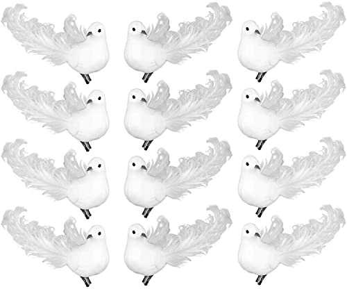 Lot de 12 faux oiseaux blancs décoratifs avec plumes avec clips - Décoration réaliste pour sapin de Noël, couronne de mariage
