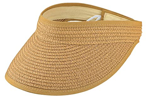 KorhLeoh Women Straw Sun Visor Cap Wide Brim Summer UV Protection Sun Beach Hat Foldable Packable Khaki