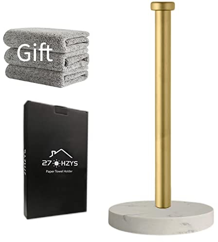 Paper Towel Holder Countertop, Standing Paper Towel Roll Holder for Kitchen Bathroom, with Weighted Marble Base for One-Handed Operation (Gold), Gold Paper Towel Holder, Marble