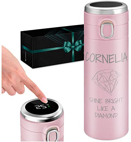 Maverton Thermobecher Kaffeebecher mit Gravur 400 ml - Trinkflasche Edelstahl - mit LED-Temperaturanzeige - auslaufsicher 100% dicht - für Frauen zum Geburtstag - Weihnachtsgeschenke - rosa - Diamond
