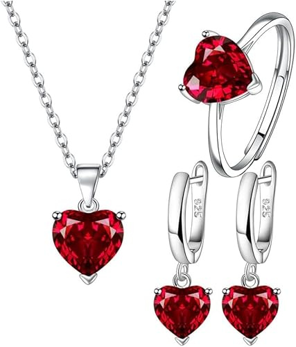 TTPSRY Herzförmig Schmuckset für Damen Kristall Halskette Ohrstecker Ring Set für Braut Zirkonia Brautjungfer Silber Schmuck (Rot)