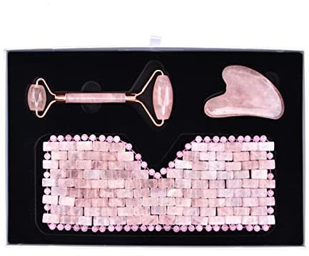 Rosenquarz-Gesichtsroller, Gouache-Schaber, Augenmasken-Set, Gesichtsmassagegerät, Gua Sha, Entspannungswerkzeug, Natürliche Jade,Smaragd
