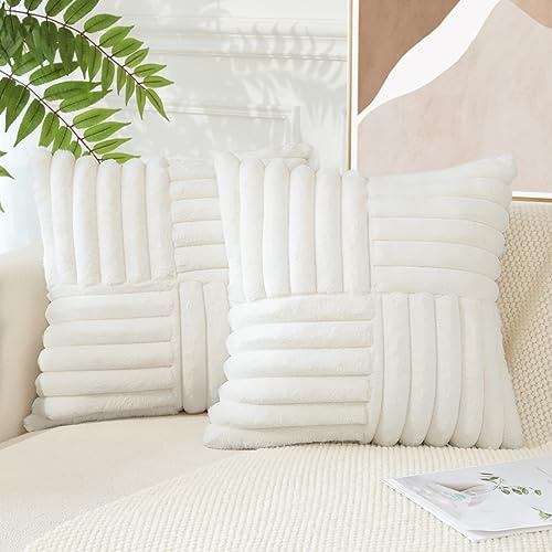 JOTOM Fundas de Cojín de Piel de Conejo de Imitación 45x45 cm a Rayas Funda de Almohada para Sofá Sala de Estar Cama Granja Decoración del hogar Juego de 2
