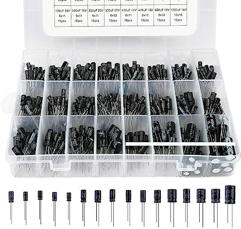 Nizirioo Lot de 500 condensateurs électrolytiques en aluminium 0,1 uF à 1000 uF avec boîte de rangement, 10 V 16 V 25 V 50 V