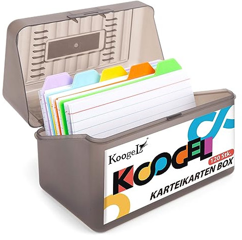 Koogel Karteikarten Box A7 mit 5 Farben Lernkarten, für Sprachprüfungen, Vokabeltraining und tägliches Lernen, Organizer 14×8×9 cm