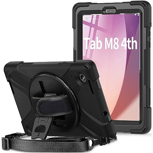 Gerutek Funda Anticaída para Lenovo Tab M8 4th Gen 2024/2023, 8 Pulgadas, (TB-300FU/TB-300XU/TB-301XU), Carcasa Rugosa con Soporte Giratorio, Correa de Mano/Hombro, Funda para Lenovo Tab M8 4th, Negro