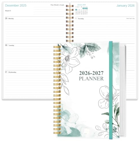 2026-2027 Planner - 18 Months Weekly & Monthly Planner from January 2026 - June 2027, Spiral Planners 2026-2027 with Elastic Closure, Inner Pocket, Medium 5.8 x 8.3, Teal Flower
