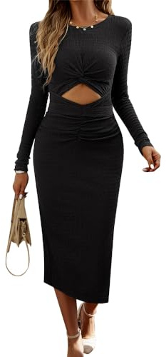 RPAEOY Vestito Donna Maniche Lunghe Sexy Cutout Abito Lungo Aderente con Spacco Tubino Eleganti Vestiti Casual Bodycorn de Cocktail Party Cerimonia Nero M