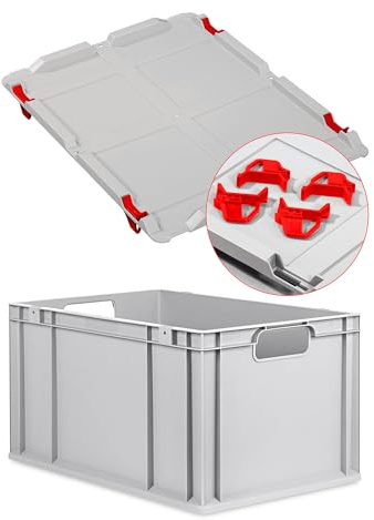 Eurobox NextGen Economy 60x40x32cm Griffe offen mit Auflagedeckel grau, Kunststoffbox 65 Liter, Logistikbox Lagerbox Campingbox stapelbar, Farbe Deckel-Verschlüsse wählbar (Verschluss Rot)