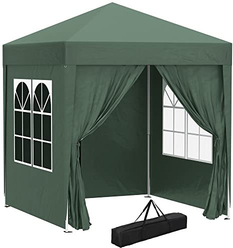 Outsunny Pavillon 2x2m Wasserdicht, Pop-up Faltpavillon mit 4 Seitenwänden, Abflusslöcher Fenster, faltbar Partyzelt UV 30+, Gartenzelt mit Tragetasche, Gartenpavillon für Terrasse, Dunkelgrün