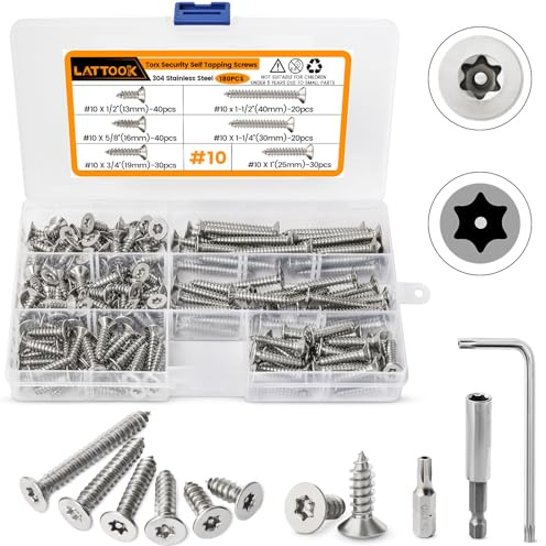 LATTOOK Flat Head Wood Screws Assortment Kit, 180PCS #10 Torx Drive Countersunk Head Self-Tapping Screws 304 Stainless Steel Security Anti-Theft Tamper Proof Screws with T25 Bit & Wrench