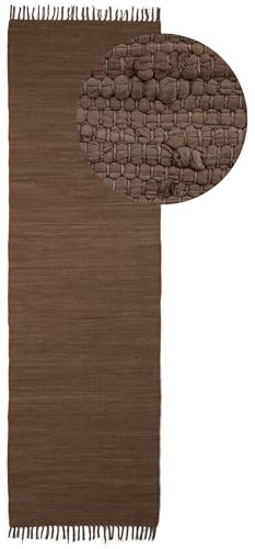 carpetfine Flickenteppich Kelim Chindi Uni Läufer Braun 70x240 cm, handgewebt | Fleckerlteppich aus Baumwolle für Wohnzimmermit Fransen