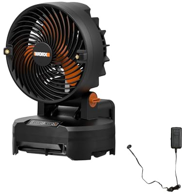 WORX Ventilador de nebulización inalámbrico de 20 V con 3 velocidades y 3 ajustes de niebla, ventilador portátil con tapa de cubeta máxima de 15 pies, ventilador ligero y silencioso que funciona con