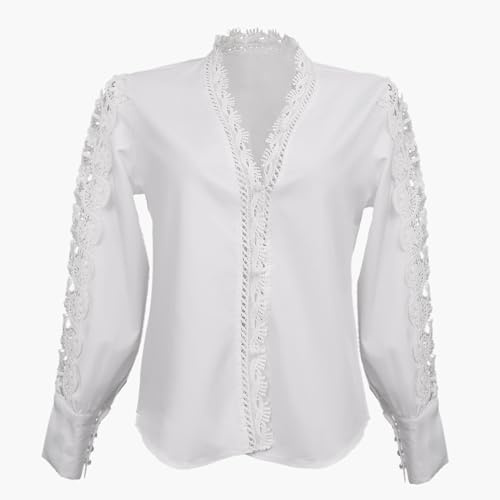 Satohom Damen Blusen mit Tief V Ausschnitt, überbackener Spitze Lange Hohl Spitzenärmel Gebänderte Manschetten Schickes Tunika Elegantes Hemd für Ladies, Weiß