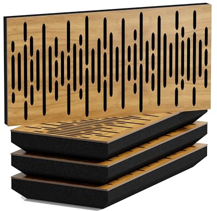 4 Pack — Narrow Sound Absorption-Diffuse Acoustic Horizont Panel | 25x50cm | Diffusion - Reflection - Soundproofing | Model-Thickness-Color: [WAVE-H - 53mm | Oak]