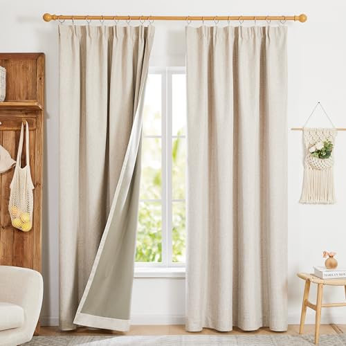 Deconovo Faux Linen Total Blackout Curtains Pencil Pleat Thermal Curtains for Bedroom Living Room Taupe 52 x 63(Width x Length) Two Panels