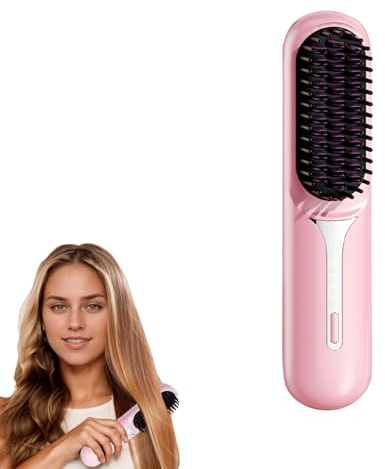 Cordless Hair Straightener Brush - Portable Heated Straightening Brush for Travel, Party, Mini Ionic Hot Comb Straightener for Women,Ceramic Coating, Lightweight for Touch-ups, Anti-Scald (Pink)
