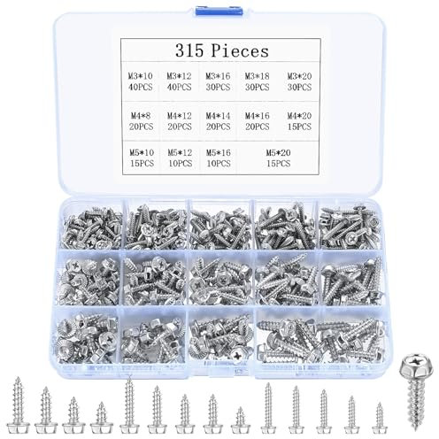 315 Pcs M3 M4 M5 Hex Head Self Tapping Screws, Phillips Hex Flange Washer Head Sheet Metal Screws, Sheet to Timber Roofing Screws for Plastic Drywall Wood Screws - Carbon Steel, Silver Screws